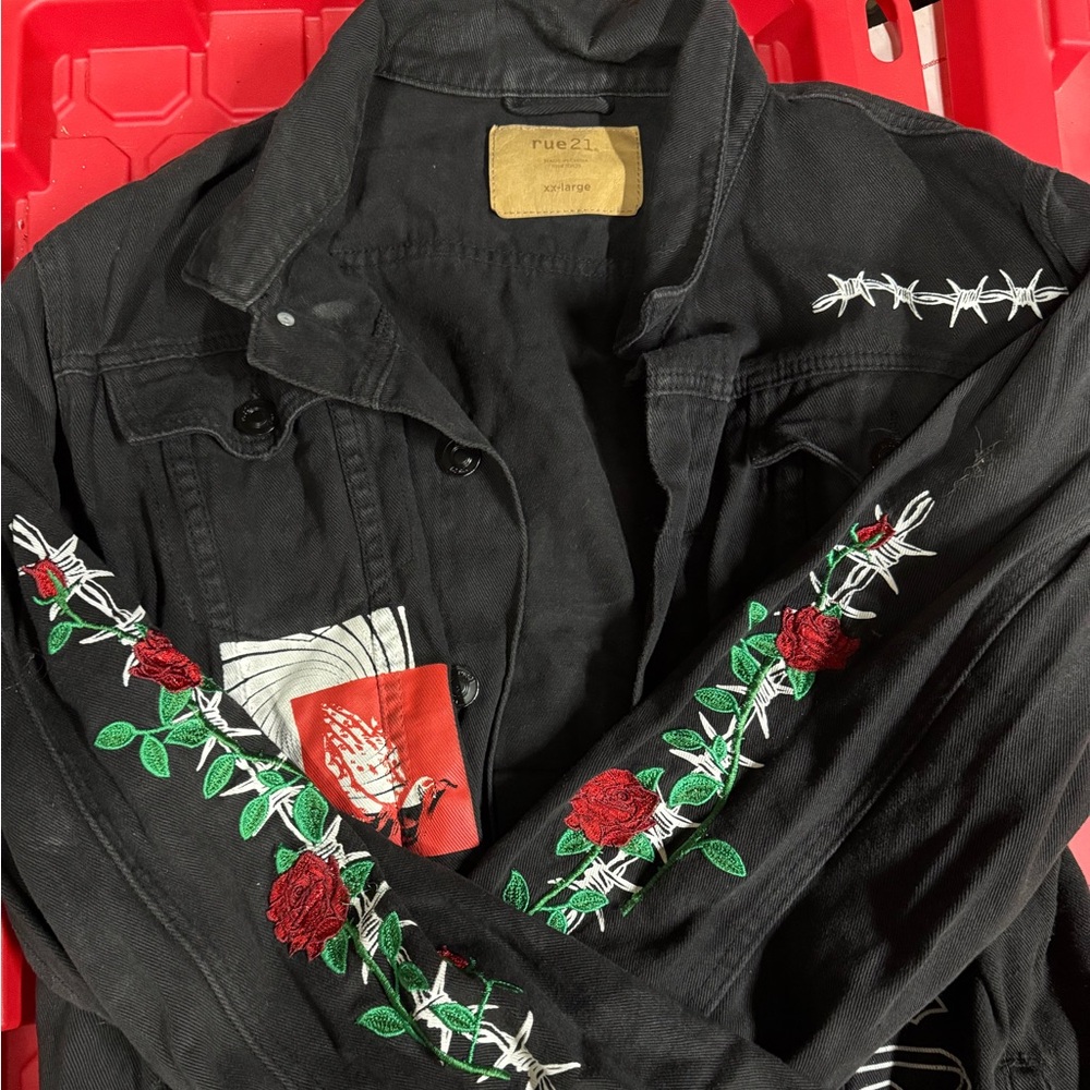 Rue21 Black Jacket with Red and White Embroidery